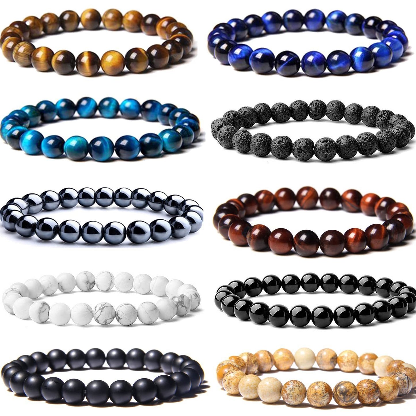 8mm Natural Gemstone Bracelet - Tiger Eye Stone & White Turquoise