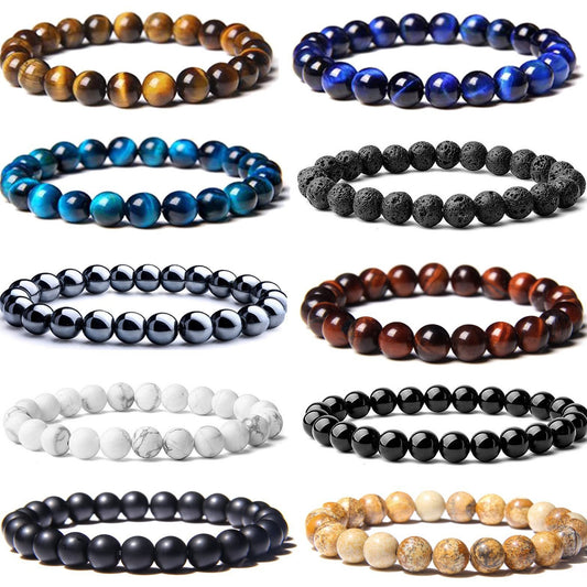 8mm Natural Gemstone Bracelet - Tiger Eye Stone & White Turquoise
