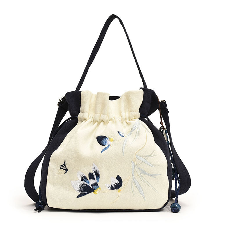 Chinese Style Embroidered Bucket Bag - Traditional Shoulder Bag for Women