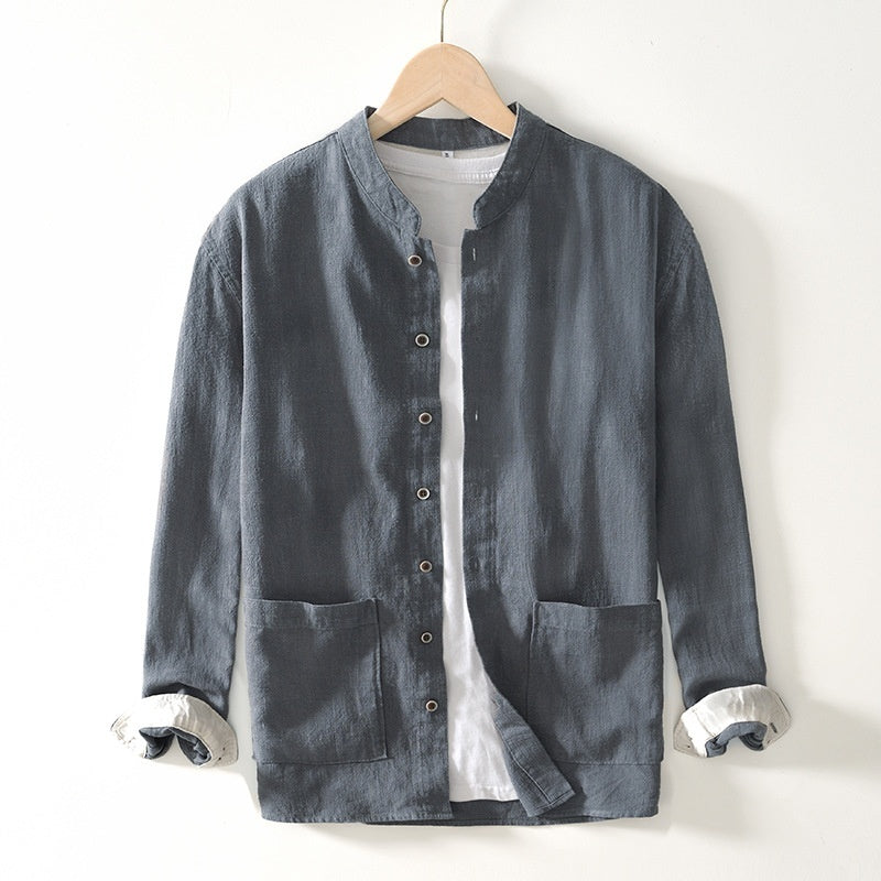 Men's Ramie Linen Shirt - Stand Collar Chinese Style Long Sleeve