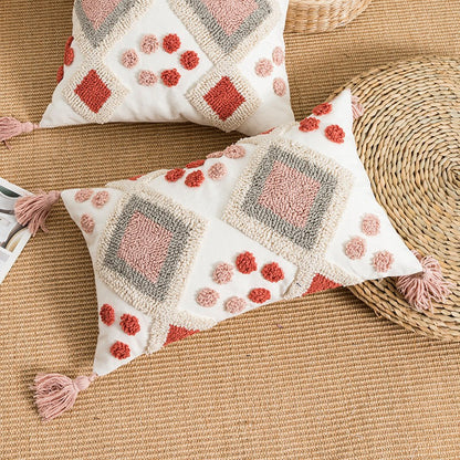 Bohemian Velvet Pillow Cover - Round Embroidered Tassel Cushion
