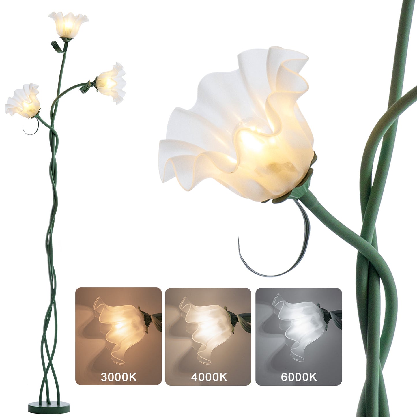 French Pastoral Floor Lamp - Cream Floral Standing Light for Bedroom
