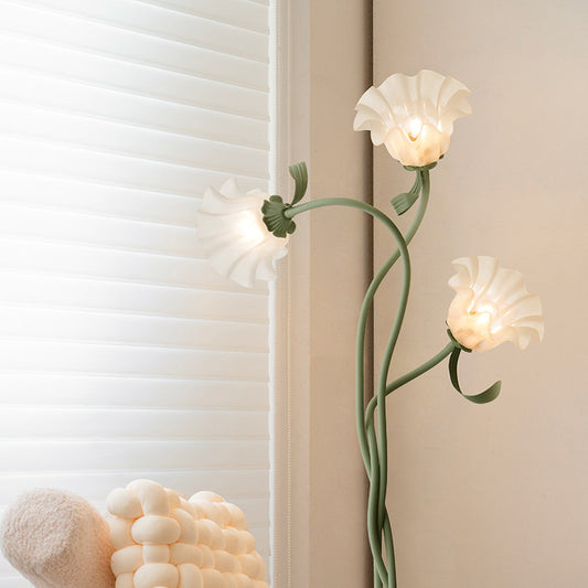 French Pastoral Floor Lamp - Cream Floral Standing Light for Bedroom