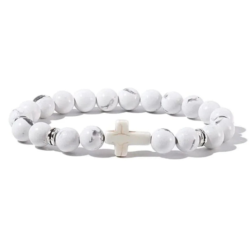 Men's Natural Stone Bead Bracelet - Tiger Eye, Obsidian & Wood Cross Charm