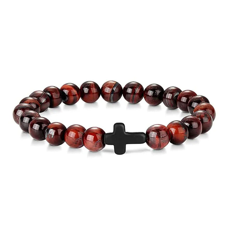 Men's Natural Stone Bead Bracelet - Tiger Eye, Obsidian & Wood Cross Charm