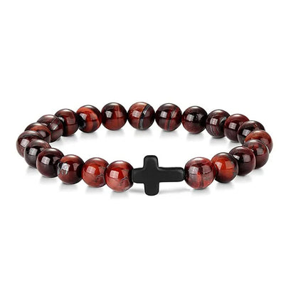 Men's Natural Stone Bead Bracelet - Tiger Eye, Obsidian & Wood Cross Charm