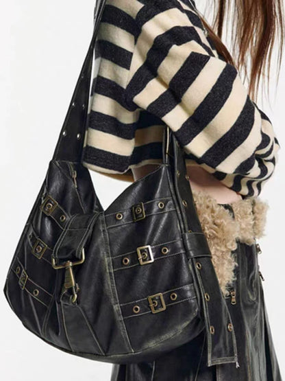 Tote Underarm Shoulder Portable Retro Large Capacity Commuter Black Bag