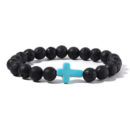 Men's Natural Stone Bead Bracelet - Tiger Eye, Obsidian & Wood Cross Charm