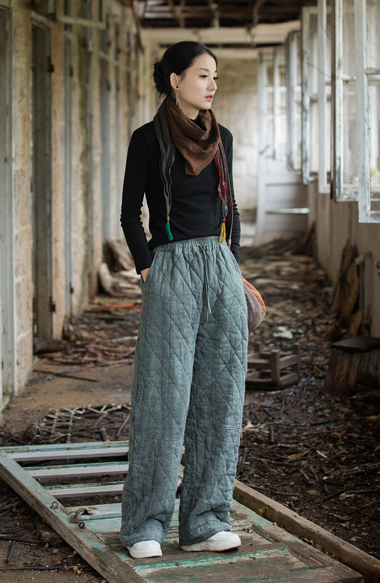 Ramie Tie-Dye Quilted Pants - Straight Leg Distressed Style