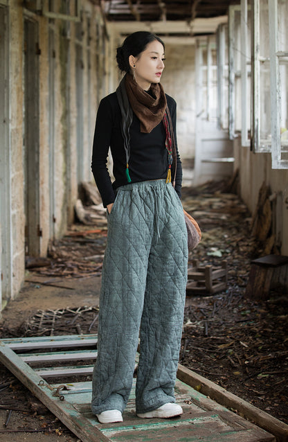 Ramie Tie-Dye Quilted Pants - Straight Leg Distressed Style