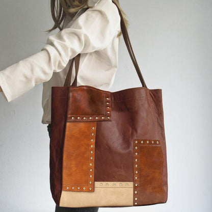 Rivet Contrast Stitching Shoulder Bag - Large PU Leather Tote