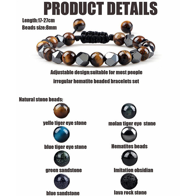 Hematite Tiger Eye Bracelet - Natural Stone Woven Beaded Jewelry
