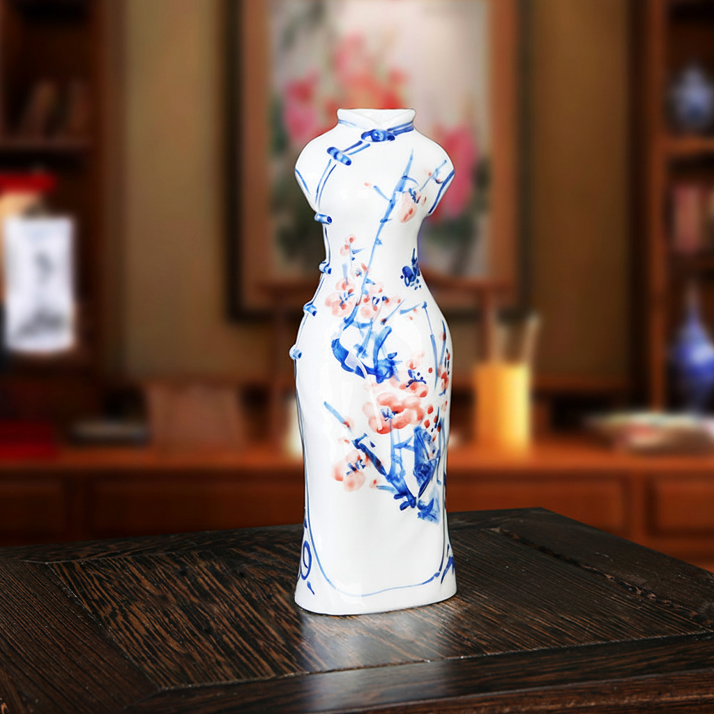 Jingdezhen ceramic hand-painted blue and white porcelain cheongsam small flower vase, simple modern home decoration craft ornament