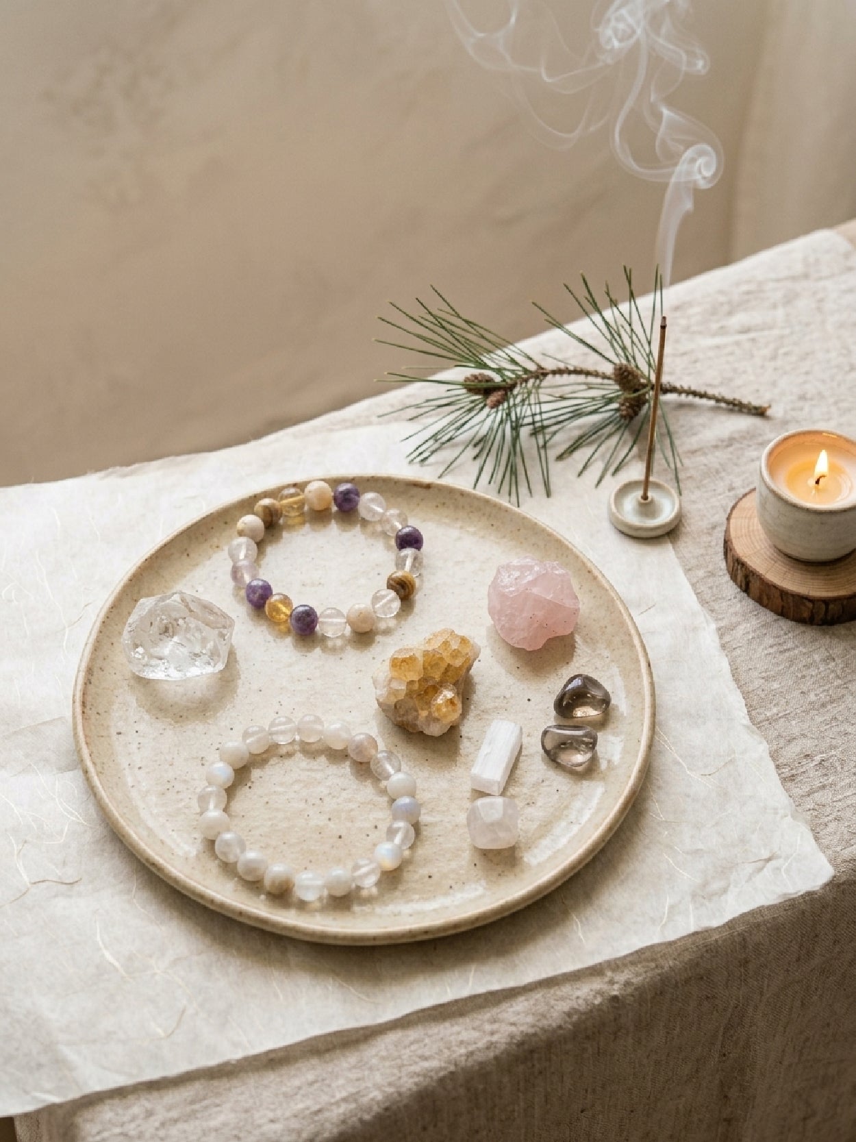 Zen crystal arrangement with gemstone bracelets, healing crystals, candle, and incense for spiritual wellness and mindfulness practice