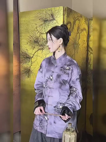 Lotus print traditional Tang suit jacket, new Chinese-style men's retro top
